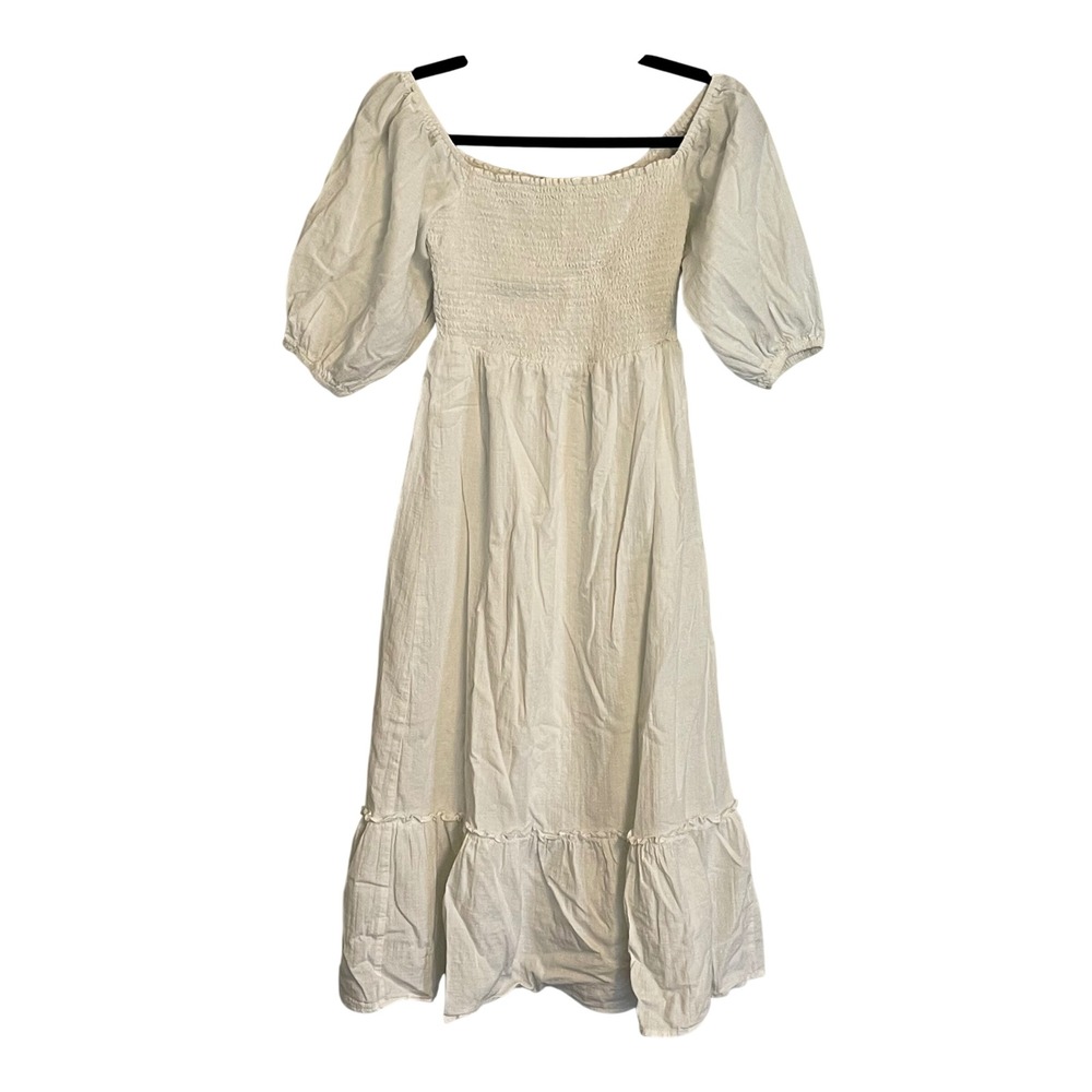 Lulus White Smocked Puff Sleeve Tiered Midi Dress Womens Small Cotton Summer